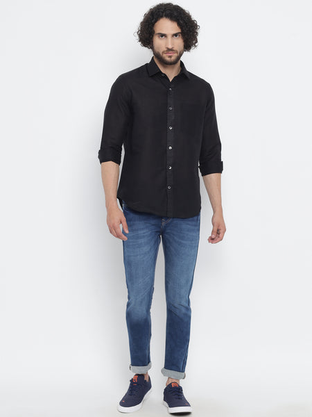 Jet Black Colour Pure Linen Shirt For Men 1