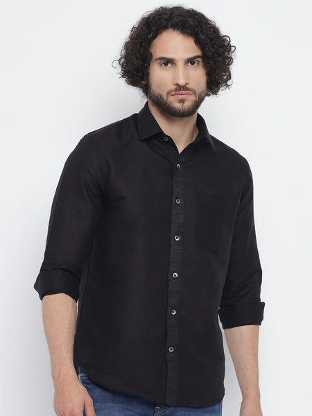 Jet Black Colour Pure Linen Shirt For Men