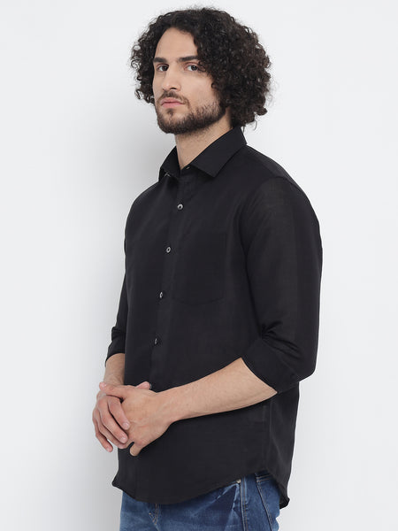 Jet Black Colour Pure Linen Shirt For Men 2