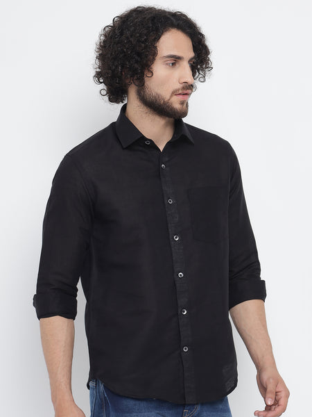 Jet Black Colour Pure Linen Shirt For Men 3