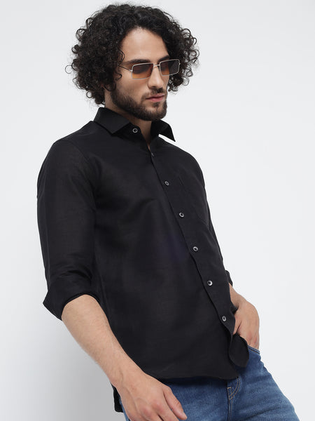 Jet Black Colour Pure Linen Shirt For Men 5