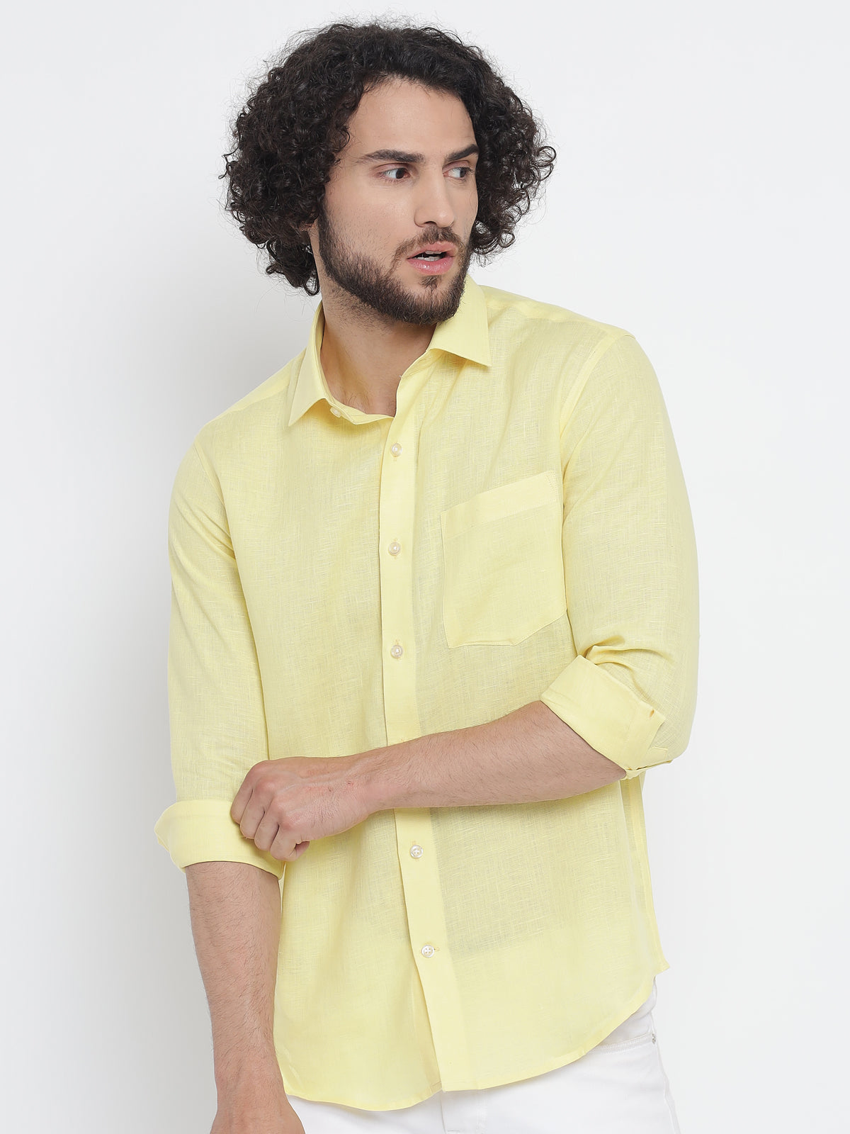 Lemon Yellow Colour Pure Linen Shirt For Men