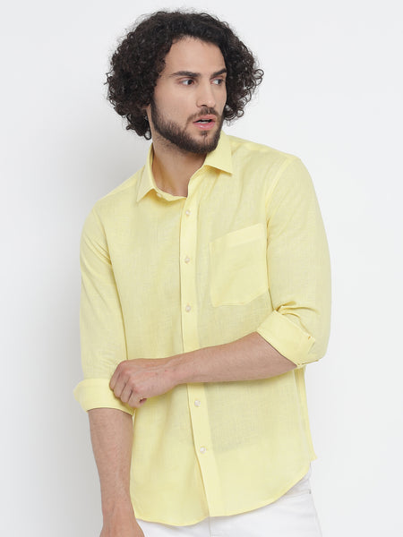 Lemon Yellow Colour Pure Linen Shirt For Men
