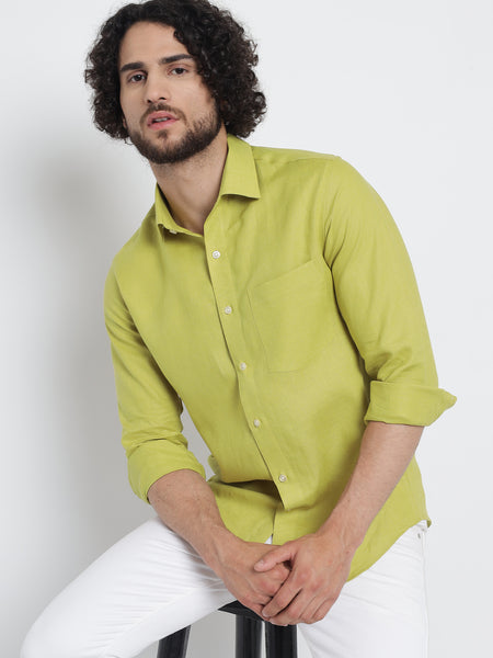 Lime Yellow Colour Pure Linen Shirt For Men
