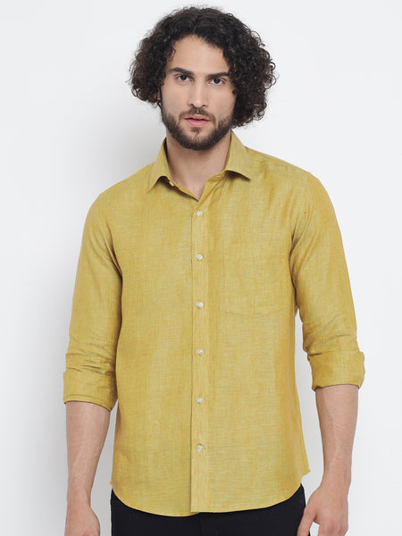 Mustard Yellow Colour Pure Linen Shirt For Men 1