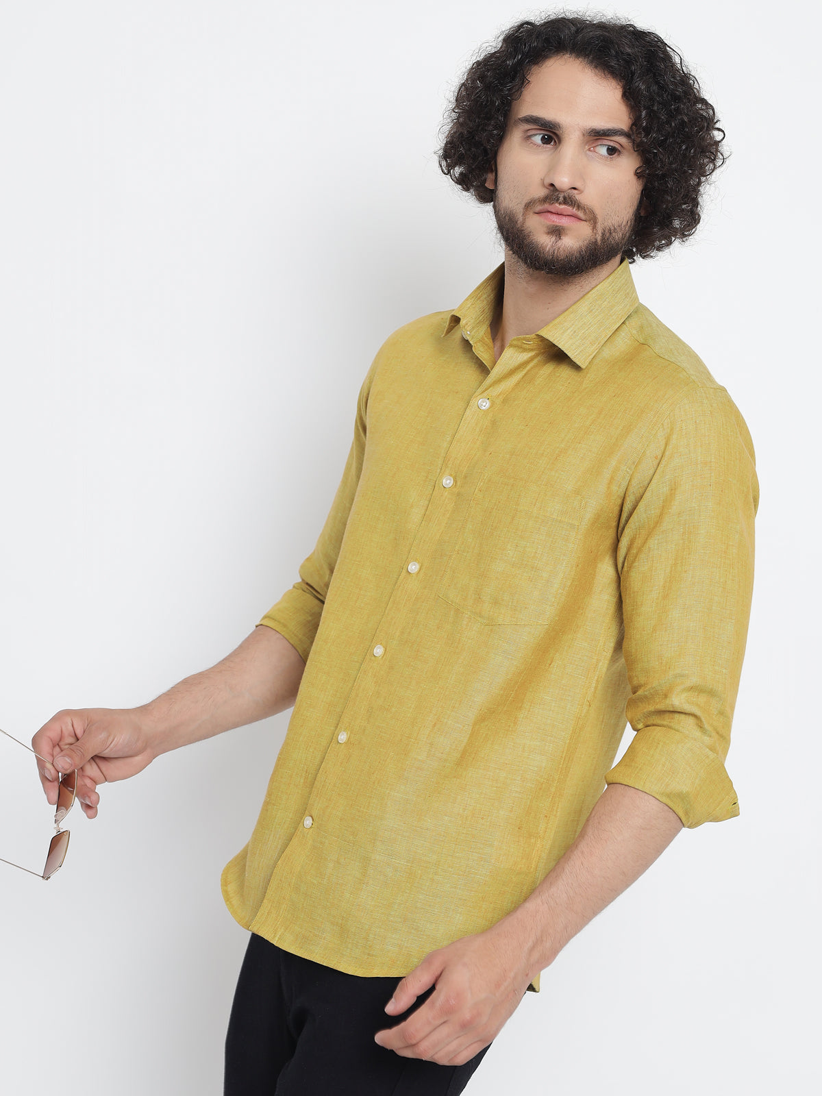 Mustard Yellow Colour Pure Linen Shirt For Men 5