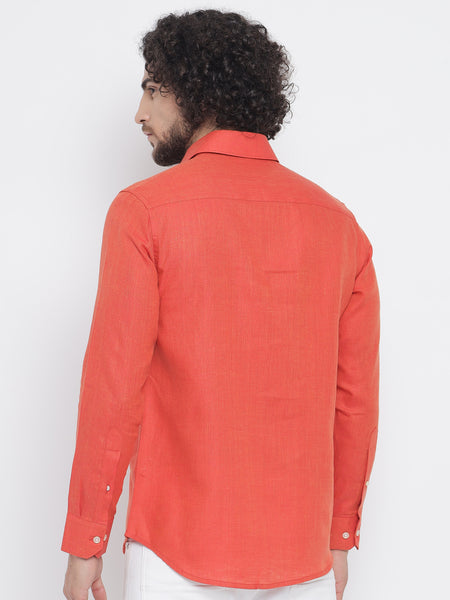 Red Orange Colour Pure Linen Shirt For Men 4