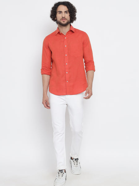 Red Orange Colour Pure Linen Shirt For Men 1
