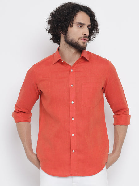 Red Orange Colour Pure Linen Shirt For Men 2