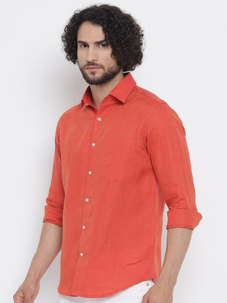 Red Orange Colour Pure Linen Shirt For Men 3