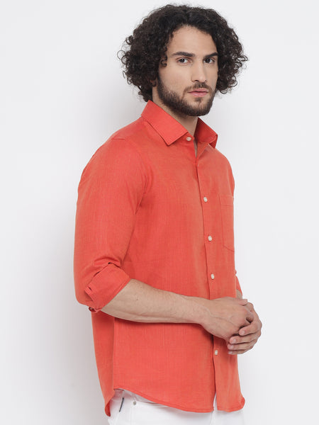 Red Orange Colour Pure Linen Shirt For Men