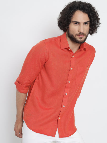 Red Orange Colour Pure Linen Shirt For Men 5