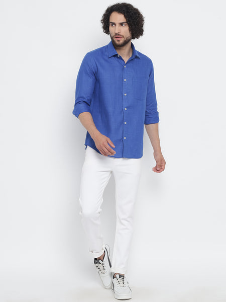 Royal Blue Colour Pure Linen Shirt For Men 3