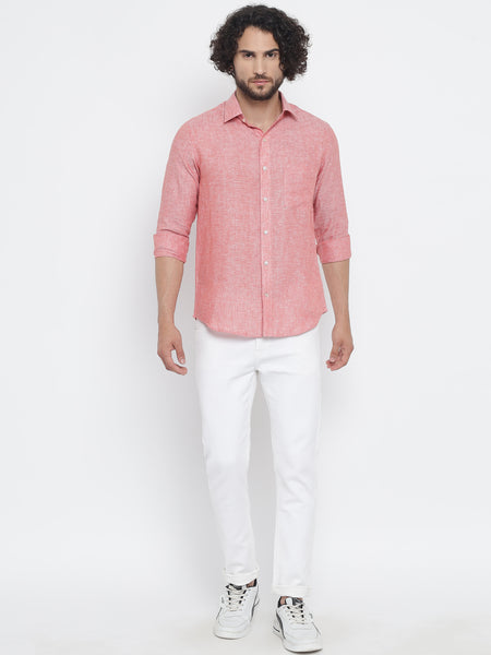Salmon Red Colour Pure Linen Shirt For Men 3