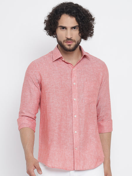 Salmon Red Colour Pure Linen Shirt For Men 4