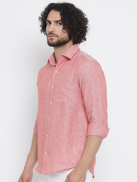 Salmon Red Colour Pure Linen Shirt For Men