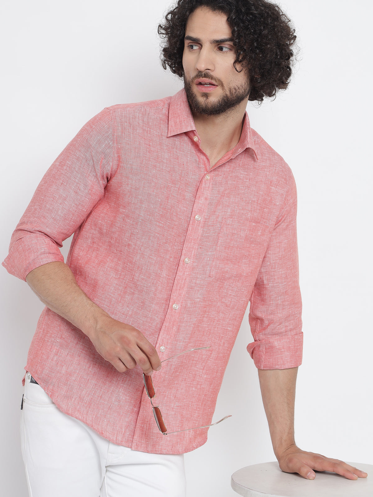 Salmon Red Colour Pure Linen Shirt For Men 5