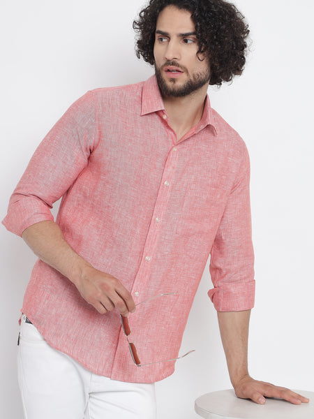 Salmon Red Colour Pure Linen Shirt For Men 5