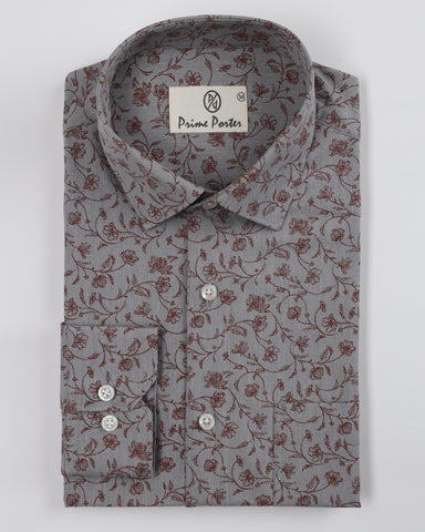 Bliss Grey Coloured Flower Printed Pure Cotton Shirt For Men