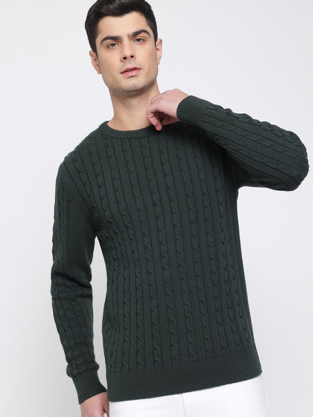 Bottle Green Cable Knit Sweater For Men 2