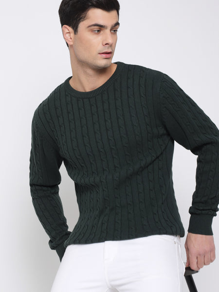 Bottle Green Cable Knit Sweater For Men 5