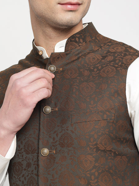 Dark Brown Colour Motif Printed Nehru Jacket For Men 1