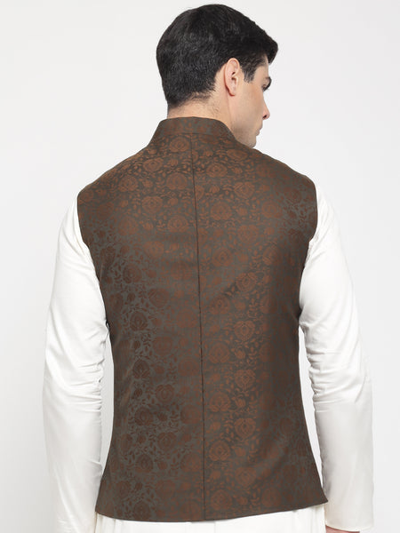Dark Brown Colour Motif Printed Nehru Jacket For Men 2