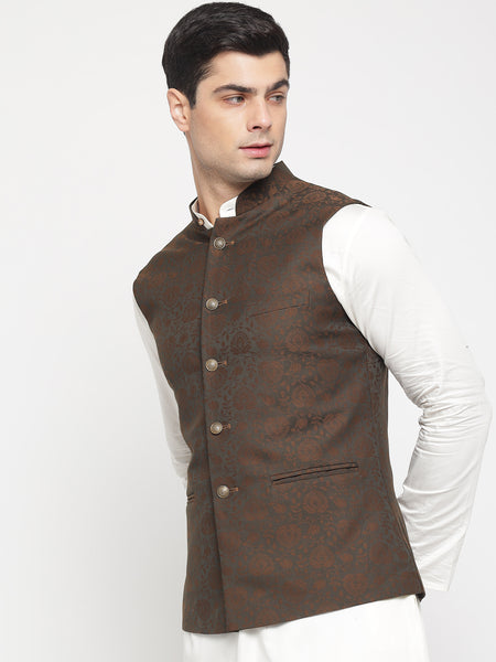 Dark Brown Colour Motif Printed Nehru Jacket For Men