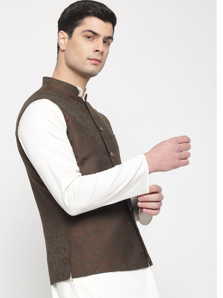 Dark Brown Colour Motif Printed Nehru Jacket For Men 3