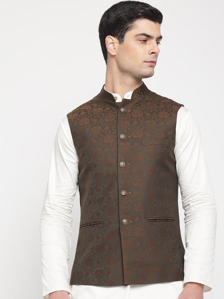 Dark Brown Colour Motif Printed Nehru Jacket For Men 4
