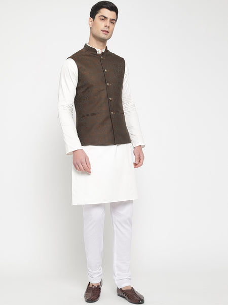 Dark Brown Colour Motif Printed Nehru Jacket For Men 5