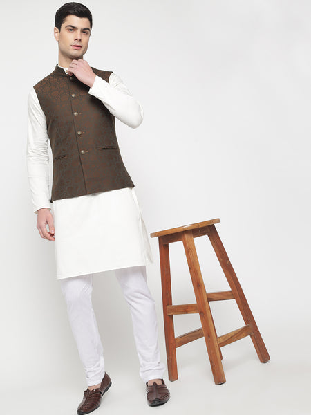 Dark Brown Colour Motif Printed Nehru Jacket For Men 6