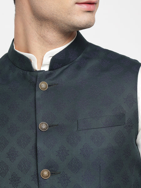 Dark Green Colour Motif Printed Nehru Jacket For Men 1
