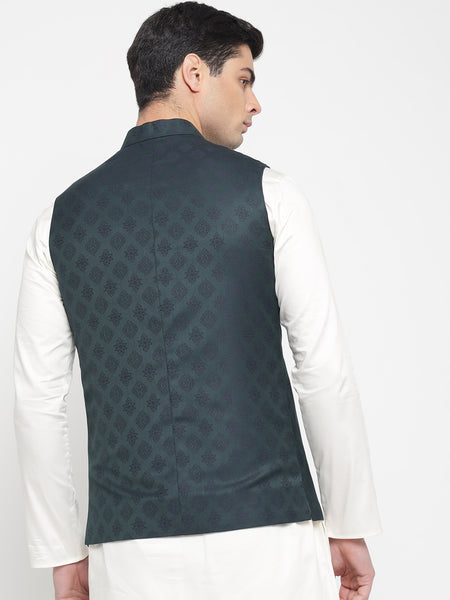 Dark Green Colour Motif Printed Nehru Jacket For Men 2