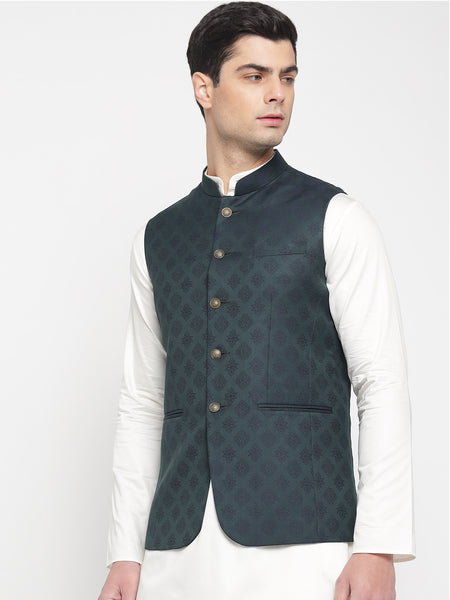 Dark Green Colour Motif Printed Nehru Jacket For Men 3