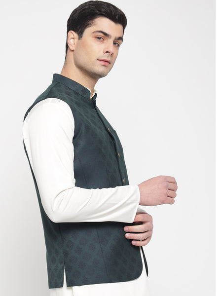 Dark Green Colour Motif Printed Nehru Jacket For Men 4