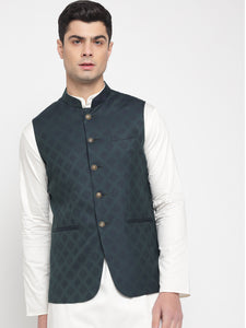 Dark Green Colour Motif Printed Nehru Jacket For Men 5