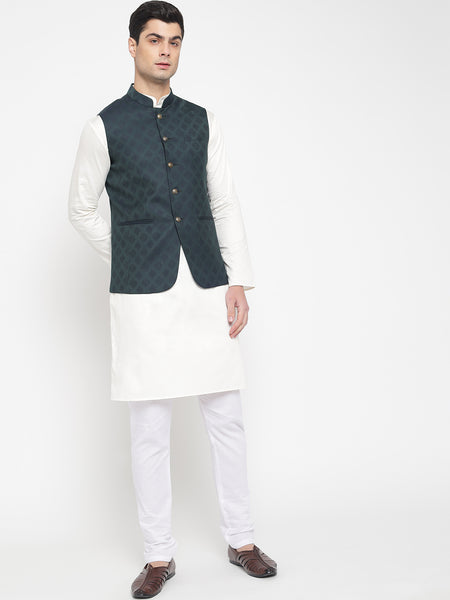 Dark Green Colour Motif Printed Nehru Jacket For Men