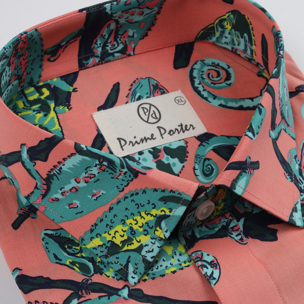 Gecko Peach Coloured Chameleon Printed Pure Cotton Shirt For Men 1