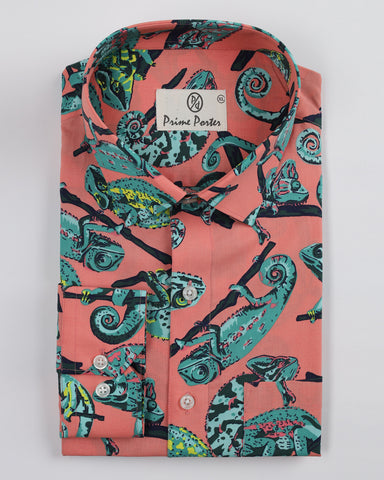 Gecko Peach Coloured Chameleon Printed Pure Cotton Shirt For Men