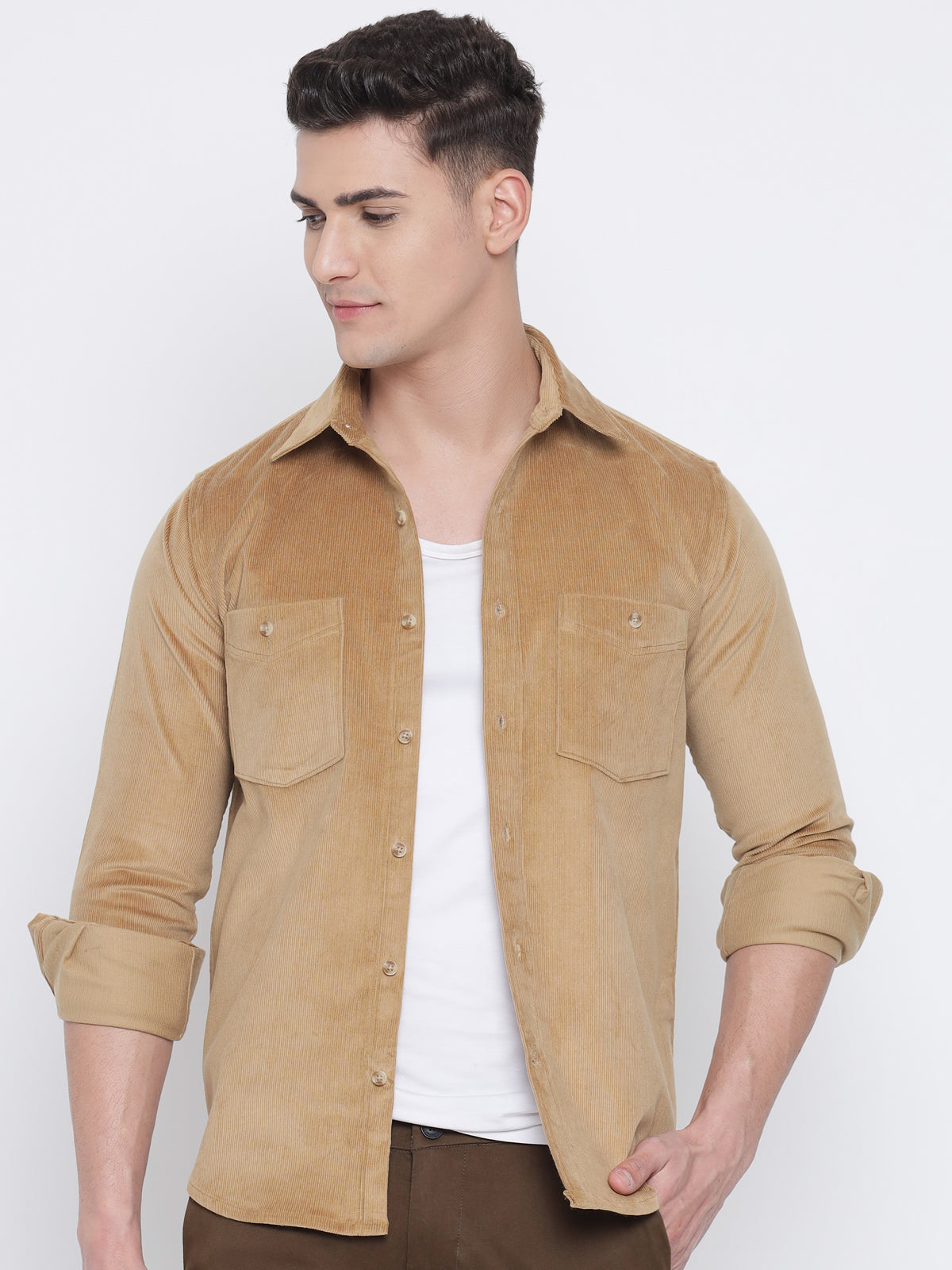 Golden Yellow Coloured Pure Cotton Corduroy Shirt For Men