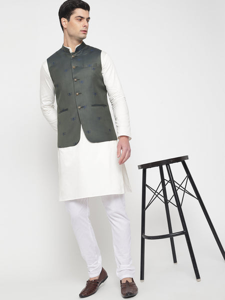 Green And Blue Colour Bee Printed Nehru Jacket For Men 1