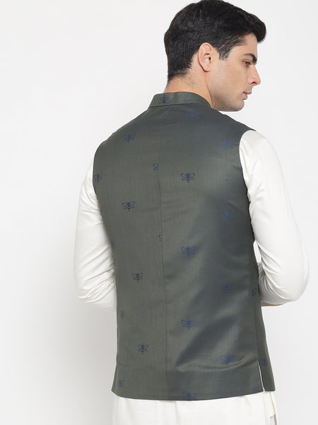 Green And Blue Colour Bee Printed Nehru Jacket For Men 2