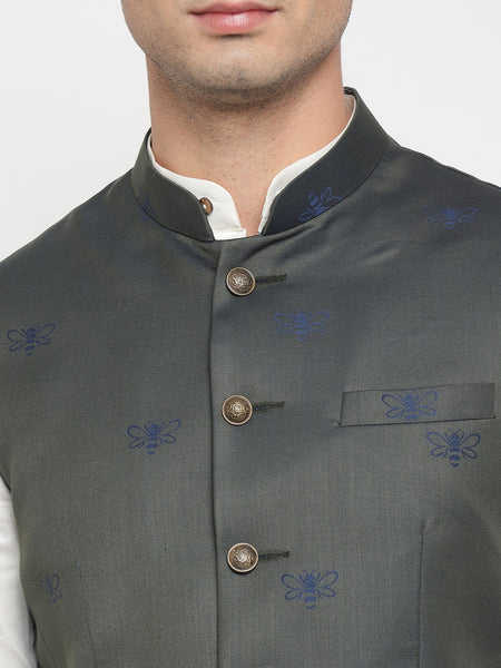 Green And Blue Colour Bee Printed Nehru Jacket For Men 3