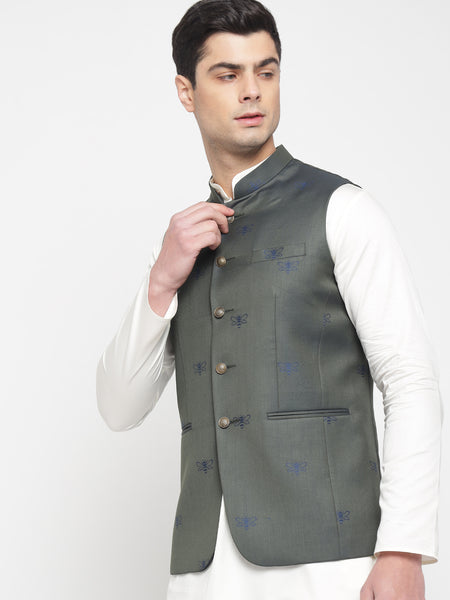 Green And Blue Colour Bee Printed Nehru Jacket For Men 4