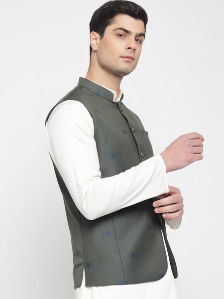 Green And Blue Colour Bee Printed Nehru Jacket For Men 5