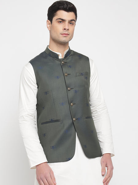 Green And Blue Colour Bee Printed Nehru Jacket For Men 6