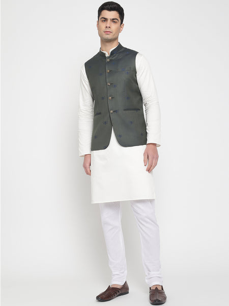 Green And Blue Colour Bee Printed Nehru Jacket For Men