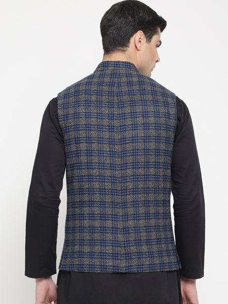 Grey And Blue Checkered Nehru Jacket For Men 4