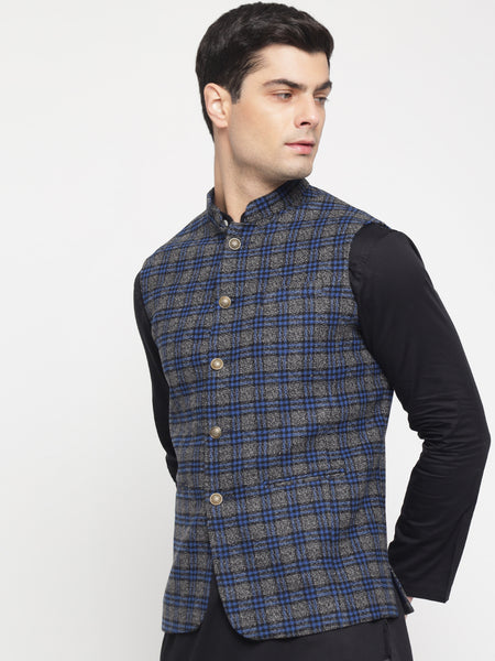 Grey And Blue Checkered Nehru Jacket For Men 1